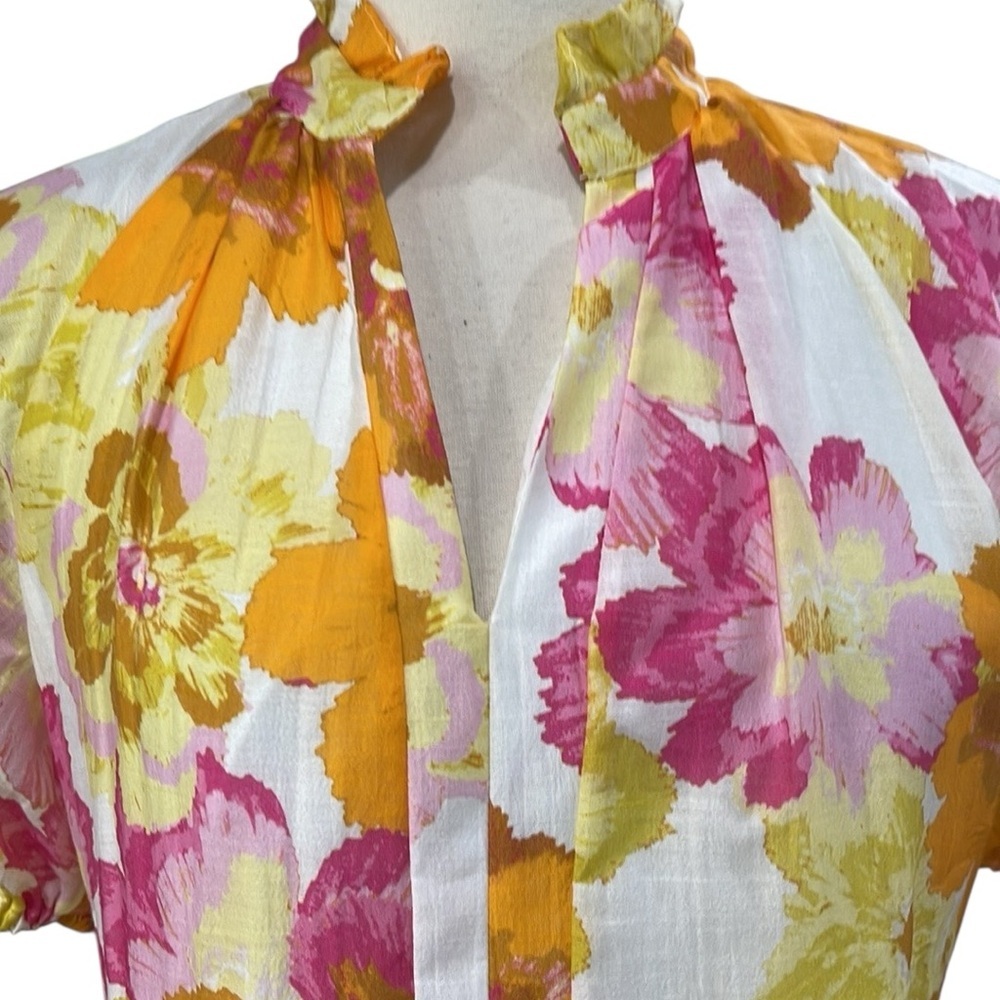 CeCe Tiered Split Ruffle Collar V Neck Baby Doll Floral Dress SZ M Pink Yellow - Picture 5 of 9